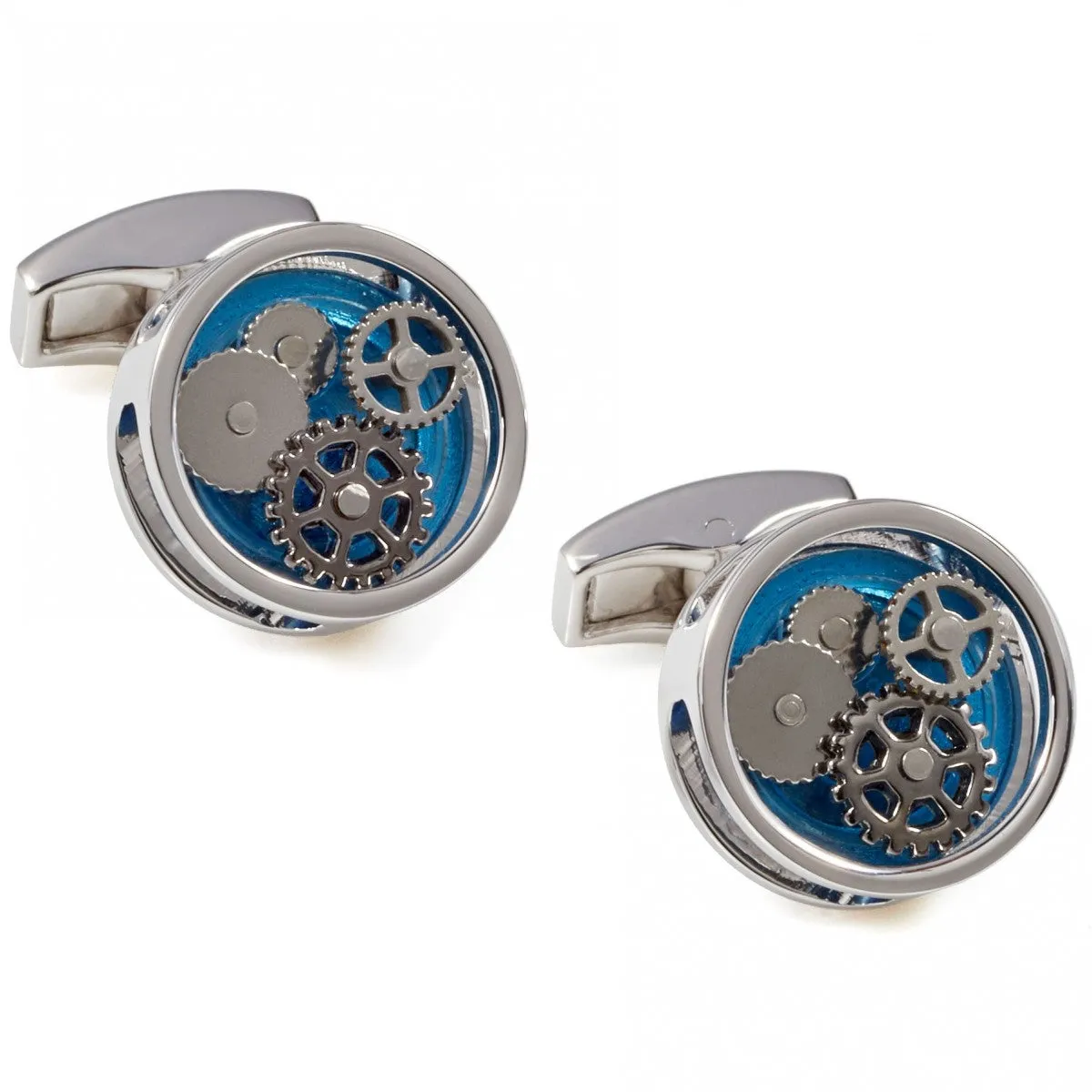 Tateossian Round Gear Stylish Men's Cufflinks with Blue Perspex